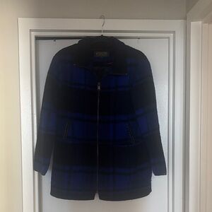 Pendleton Women Blue & Black Plaid Wool Zip-Front Pea Coat - Size SP